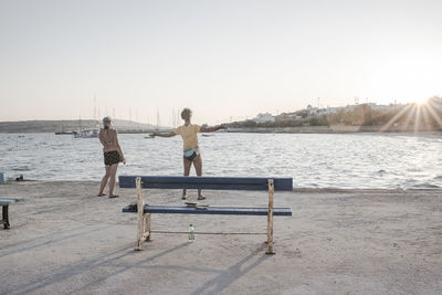 Rear view of men on shore against clear sky