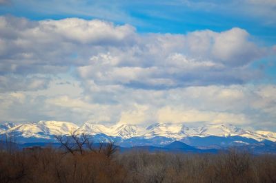 Snow covered mountains against cloudy sky