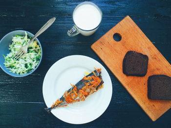 High angle view of meal served on table