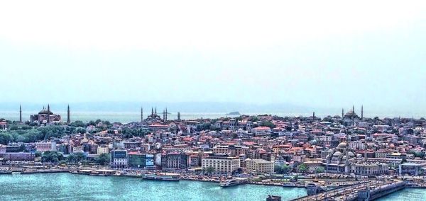 High angle shot of river and cityscape