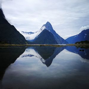 Scenic view of lake and mountains against sky