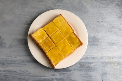 High angle view of dessert in plate on table