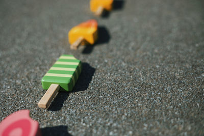 High angle view of toy car on road