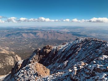 Aerial view of snowcapped mountains against sky