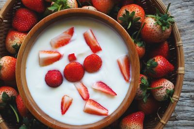 High angle view of strawberries in bowl