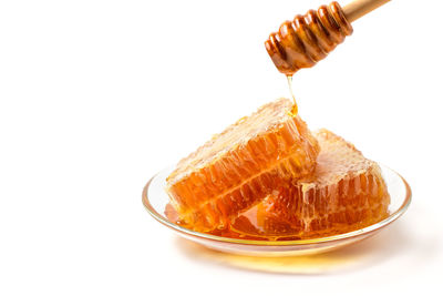 Close-up of orange slice in plate against white background