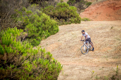 Man riding bicycle on road