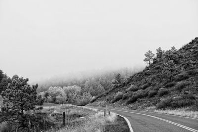 Road amidst trees against clear sky