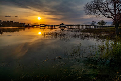 Scenic view of lake against sky during sunset