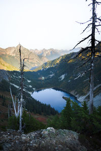 Scenic view of lake and mountains against clear sky