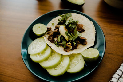 High angle view of food in plate on table