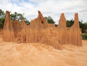 Panoramic view of rock formations on landscape against sky