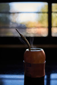 Close-up of beer glass on table