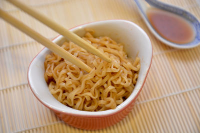 High angle view of noodles in bowl on table