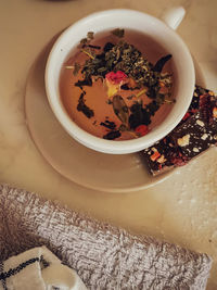 High angle view of tea in bowl on table