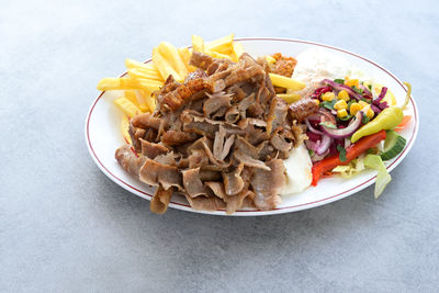 High angle view of food in plate on table