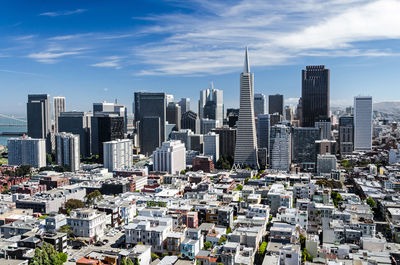 Aerial view of buildings in city against sky