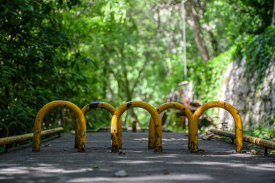 Close-up of obstacles on minigolf course.