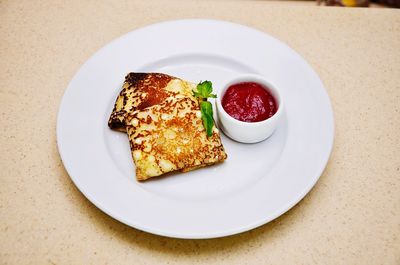 High angle view of food in plate on table 