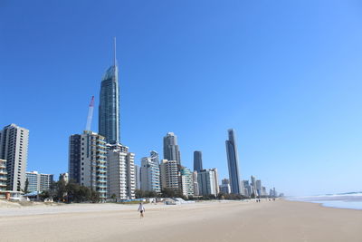 Modern buildings in city against clear sky