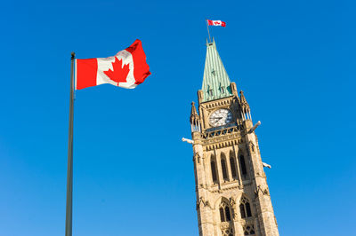 Low angle view of canadian flag by clock tower