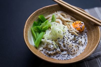 High angle view of noodles in bowl