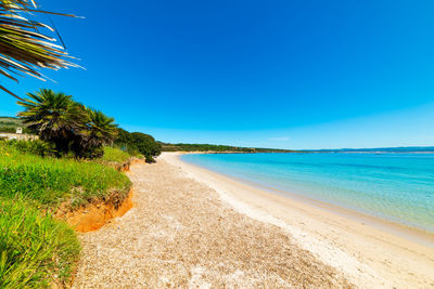 Scenic view of sea against clear blue sky