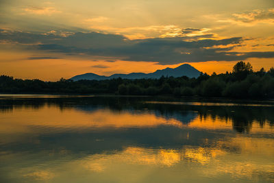 Scenic view of lake against sky during sunset