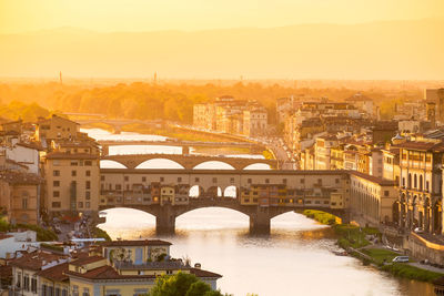 Bridge over river with buildings in background