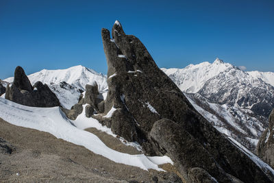 Scenic view of snowcapped mountains against clear blue sky