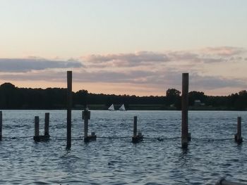 Silhouette wooden post in lake against sky during sunset