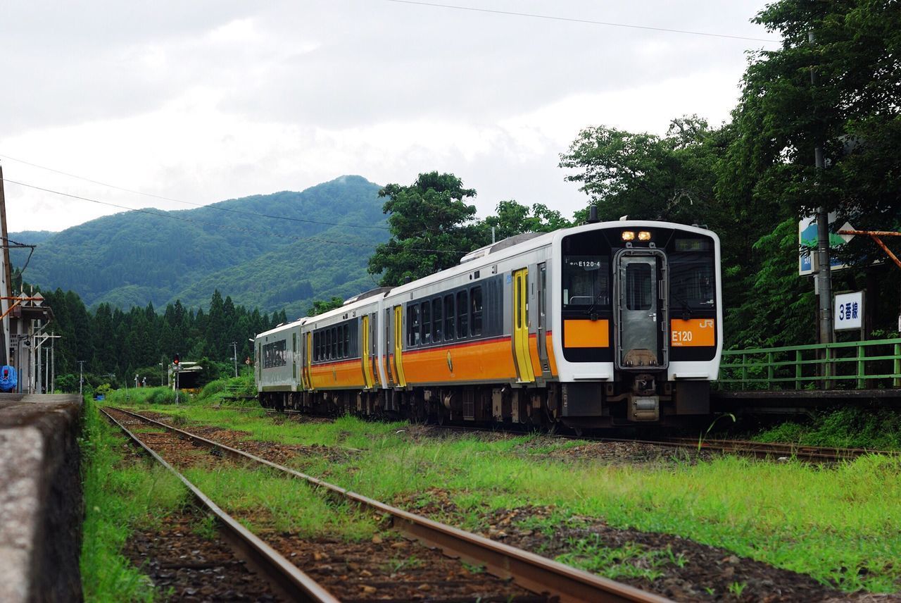 TRAIN BY RAILROAD TRACK AGAINST SKY