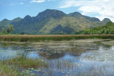 Scenic view of lake and mountains against sky