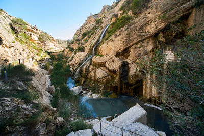 Scenic view of river by mountains against clear sky