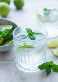 Iced cold lemonade with fresh lime and juice. summer drink in glass