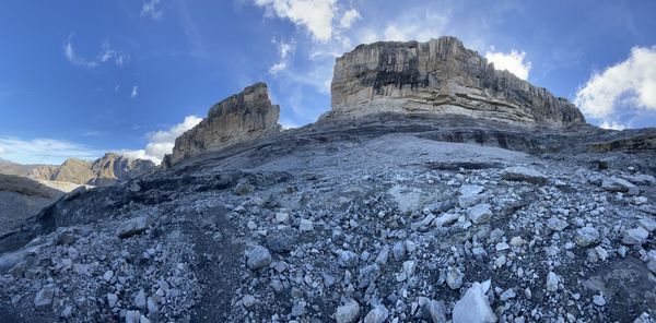 Low angle view of rock formations against sky