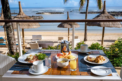 High angle view of food on beach