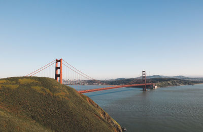 Golden gate bridge over river against sky