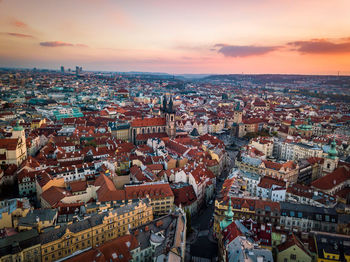 High angle view of townscape against sky during sunset