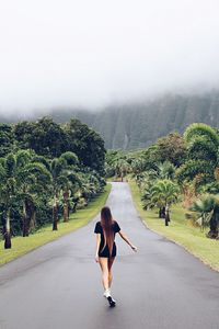 Rear view of woman walking on road amidst trees during foggy weather