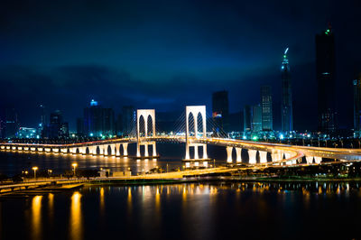 Illuminated bridge over river by buildings against sky at night