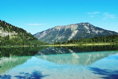 Scenic view of lake and mountains against blue sky