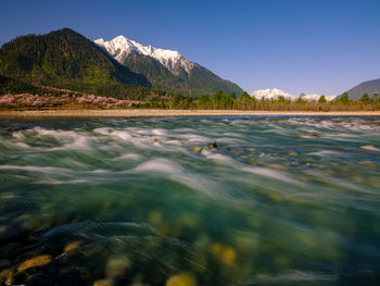 Scenic view of lake and mountains against clear sky