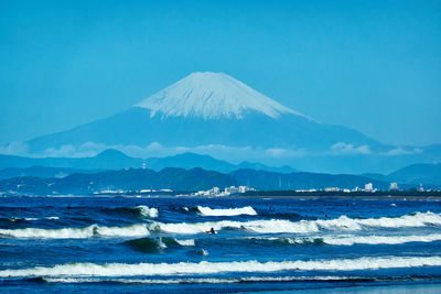 Scenic view of sea against clear blue sky