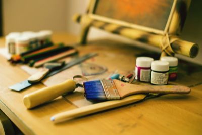 High angle view of tools on table