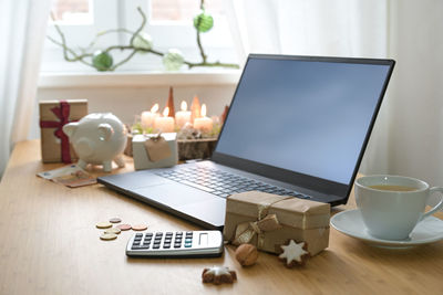 High angle view of laptop on table