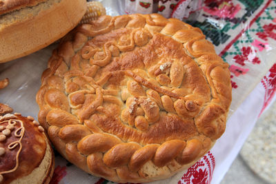 High angle view of traditional christmas bread on table