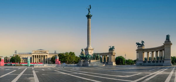 Heroes square and monument to the millennium of hungary in budapest on a sunny summer morning