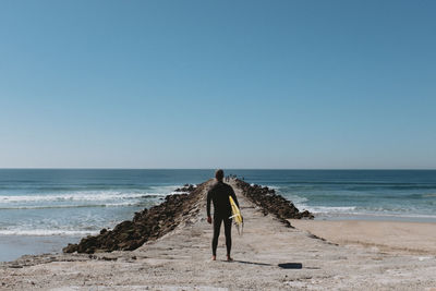 Rear view of person on beach against clear sky