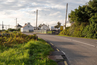 Road amidst trees and buildings against sky